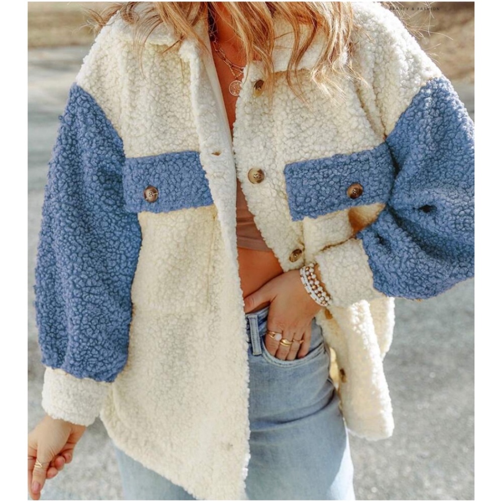 Cozy color Block Button down Pockets Oversized Jacket Shacket - Picture 2 of 6